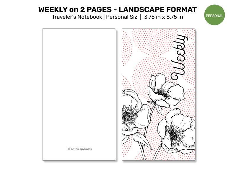 May include: A printable planner page for a weekly schedule in landscape format. The page features a floral design with black and white flowers on a pink polka dot background. The text "Weekly" is written vertically in black on the right side of the page.