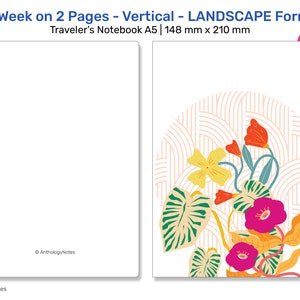 May include: A5 size vertical landscape format notebook with a floral design. The notebook has a white cover with a colorful illustration of flowers and leaves. The text "A5 Week on 2 Pages" is at the top.