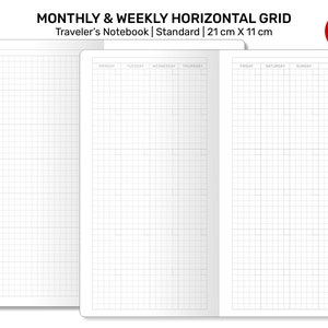 Weekly & Monthly Planner Traveler&#39;s Notebook Printable Insert Refill - Standard Size - GRID Minimalist Sunday or Monday Start