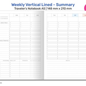 May include: A weekly planner with vertical lines and a summary section. The planner is designed for a traveler's notebook and measures 5.8 inches by 8.3 inches. The planner has sections for weekly goals, weekly priorities, a personal task list, a tracker, and notes.