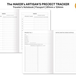May include: Open traveler's notebook with project tracker pages. The notebook is labelled "The MAKER'S ARTISAN'S PROJECT TRACKER" and is 8.9cm x 12.4cm. The pages include sections for project names, progress tracking, notes, sketches, ideas, and details.