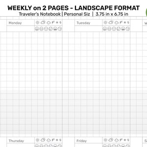 May include: A weekly planner in landscape format for a traveler's notebook. The planner is 3.75 inches by 6.75 inches and has a grid layout with space for each day of the week. The planner has a section for weather icons and mood icons for each day.
