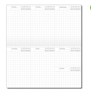 May include: A weekly planner with a grid layout and space for each day of the week. The days of the week are labeled at the top of each column. The planner has a simple design with a white background and black text.