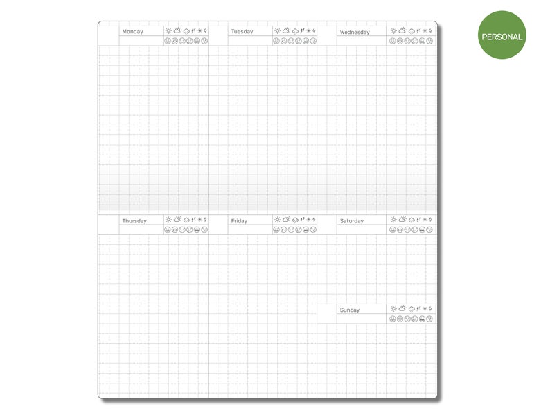 May include: A weekly planner with a grid layout and space for each day of the week. The days of the week are labeled at the top of each column. The planner has a simple design with a white background and black text.