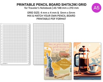 May include: Printable A5 size grid paper for a Traveler's Notebook. The grid is 4 mm x 4 mm and 5 mm x 5 mm. The paper is white with black lines. The image also shows a vintage travel poster with a coffee pot and cup.