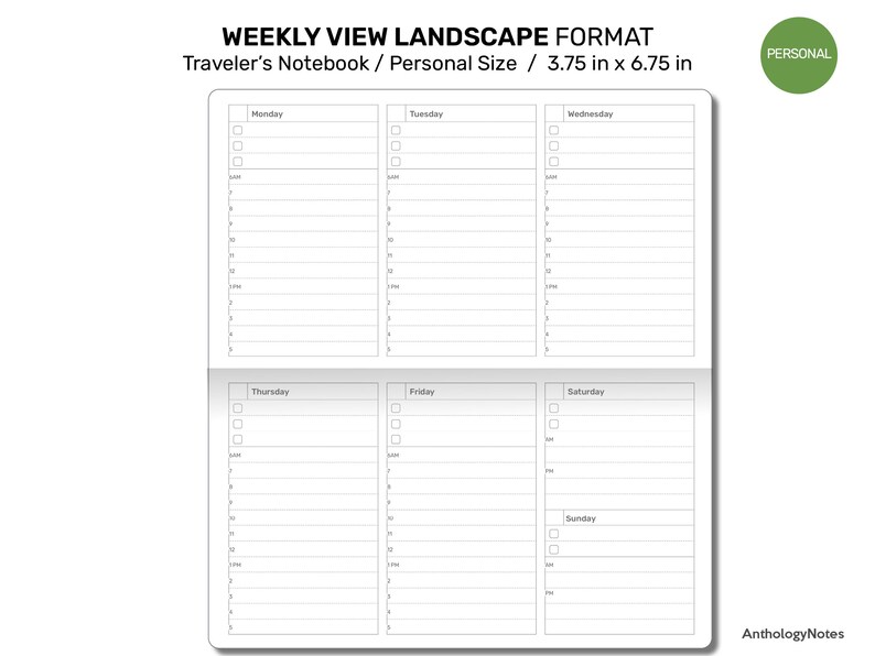 May include: A weekly planner in landscape format for a traveler's notebook. The planner is divided into seven columns for each day of the week, with space for notes and tasks. The planner is 3.75 inches by 6.75 inches.