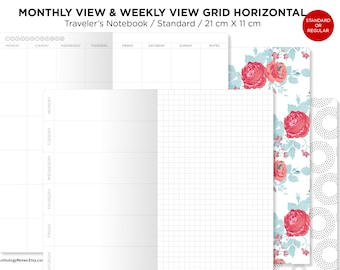 Monthly Weekly Horizontal GRID Traveler&#39;s Notebook Standard Size Printable Insert  Mo2P Wo1P Grid Undated
