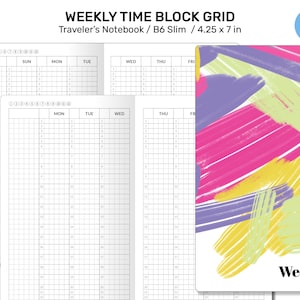 Może przedstawiać: Tygodniowy planer z siatką bloków czasowych, w formacie B6 slim, o wymiarach 10,8 cm x 17,8 cm. Planer ma białe tło z siatką i kolorowy abstrakcyjny wzór na okładce.