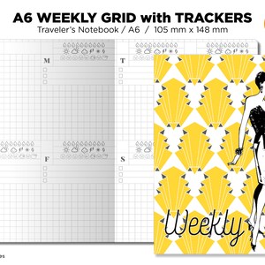 Puede incluir: Un planificador semanal A6 con rastreadores. El planificador tiene un diseño de cuadrícula con espacio para cada día de la semana. La portada presenta un patrón geométrico amarillo y blanco con una mujer estilizada con un vestido negro.