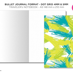 Puede incluir: Un cuaderno de balas de tamaño A5 con una cuadrícula de puntos. La portada presenta un diseño abstracto en verde y azul. El cuaderno mide 148 mm por 210 mm.