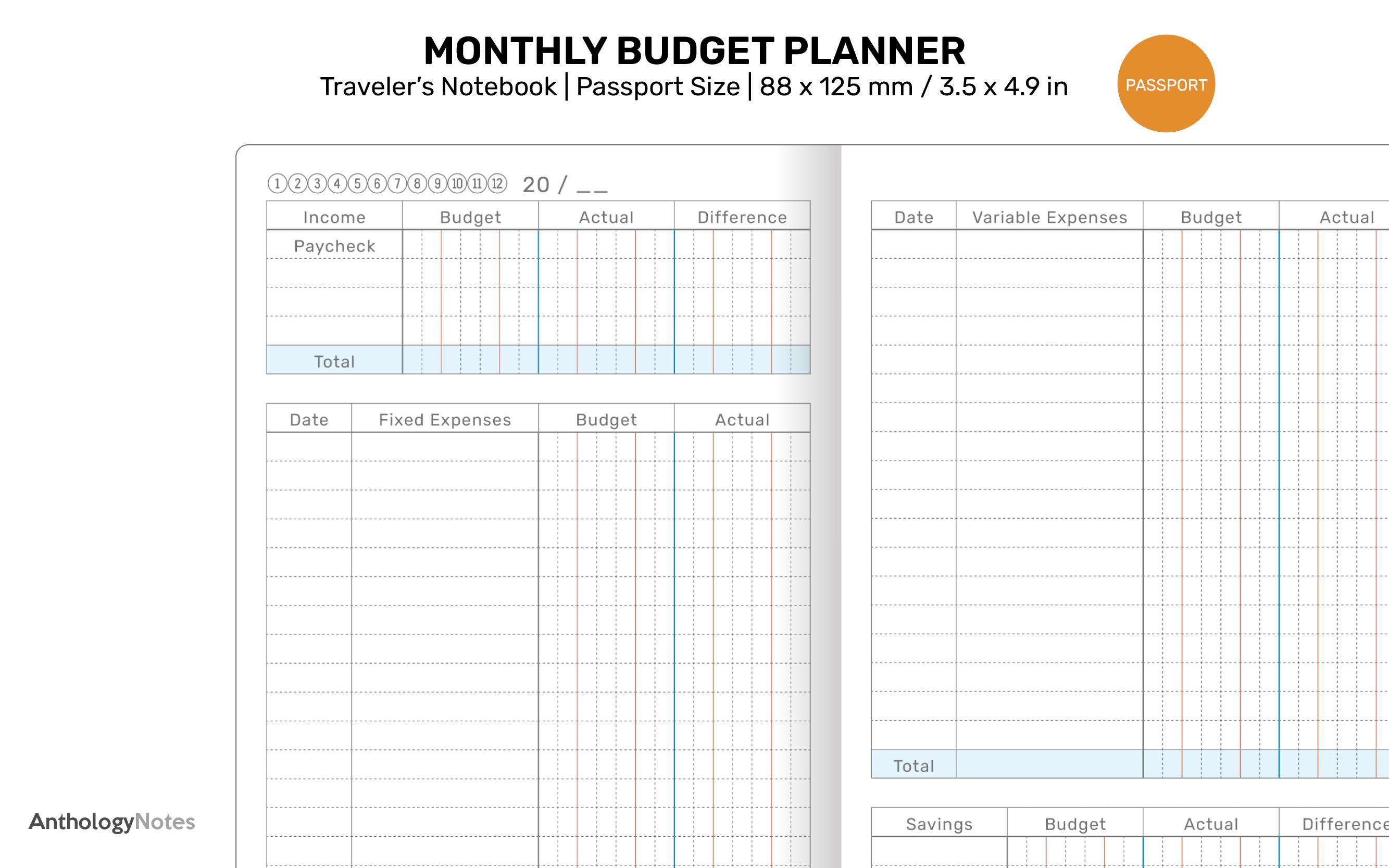 TN Passport MONTHLY Budge Tracker Printable Insert Traveler's Notebook ...