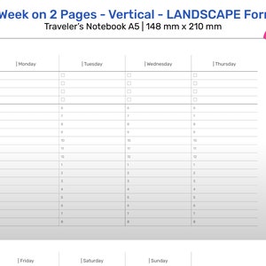 May include: A5 week-on-two-pages planner in landscape format. The layout includes sections for each day of the week, with time slots from 6 AM to 8 PM. The planner is designed for a Traveler's Notebook A5 size, measuring 148 mm x 210 mm.