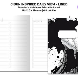 May include: Printable lined notebook insert for a traveler's notebook. The insert is B6 size, measuring 4.9 by 6.9 inches. The cover features a black and white abstract design with a white label.