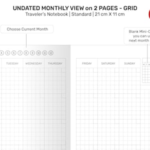 TN Monthly GRID Undated with Mini Calendar Traveler&#39;s Notebook Printable Refill Insert Minimalist - RTN020