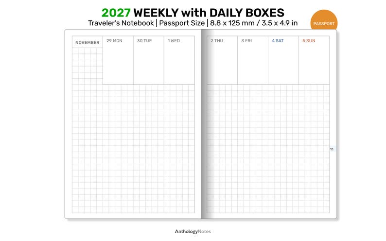 2027 Weekly Planner PASSPORT TN Grid With DAILY Boxes Printable Insert ...