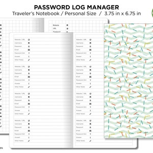 Pode incluir: Um caderno de gestão de senhas com uma capa branca e um padrão de grade. O caderno está aberto para revelar páginas pautadas com cabeçalhos para o site, URL, nome de usuário, senha, e-mail, dica de senha, resposta e outras notas. O caderno mede 3,75 polegadas por 6,75 polegadas e é rotulado como "Tamanho pessoal". A capa traseira apresenta um padrão de chevron verde, branco e laranja.