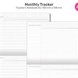 May include: Two blank monthly tracker pages in a grid format. The pages are designed for a Traveler's Notebook in A5 size, measuring 105 mm x 148 mm.