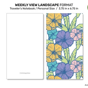 May include: A weekly planner notebook with a floral design featuring hibiscus flowers in shades of yellow, blue, pink, and green. The notebook is 3.75 inches by 6.75 inches and is labeled "Personal Size".