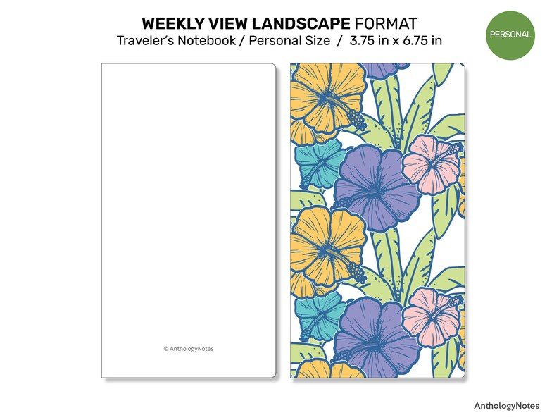 May include: A weekly planner notebook with a floral design featuring hibiscus flowers in shades of yellow, blue, pink, and green. The notebook is 3.75 inches by 6.75 inches and is labeled "Personal Size".