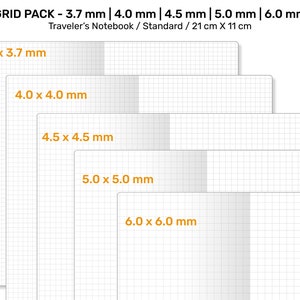 May include: A set of five gridded notebook paper inserts for a Traveler's Notebook. The inserts are in different grid sizes: 3.7 mm, 4.0 mm, 4.5 mm, 5.0 mm, and 6.0 mm. The inserts are labeled with the grid size in orange text. The text "Standard or Regular" is in red text.