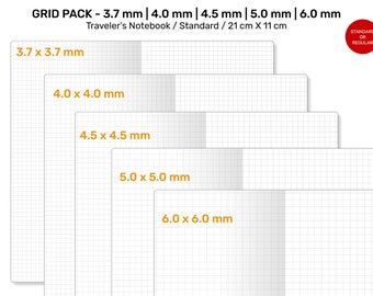 Insert de recharge imprimable TN Standard GRID Pack | 3,7 mm, 4 mm, 4,5 mm, 5 mm, 6 mm Carnet de voyage GRIDLines