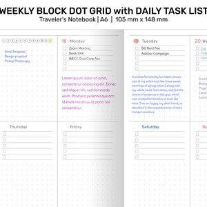 Puede incluir: Un planificador semanal con una cuadrícula de puntos y una lista de tareas diarias. El planificador está dividido en siete secciones para cada día de la semana, con espacio para escribir tareas y notas. El planificador está etiquetado como "Traveler's Notebook | A6 | 105 mm x 148 mm".