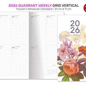 以下が含まれることがあります： 2026年クアドラントウィークリーグリッドバーチカルトラベラーズノート、標準サイズ、21cm x 11cm。ノートはグリッドレイアウトと、2026年が表紙にデザインされた花柄が特徴です。表紙にはピンク、オレンジ、黄色の花があります。