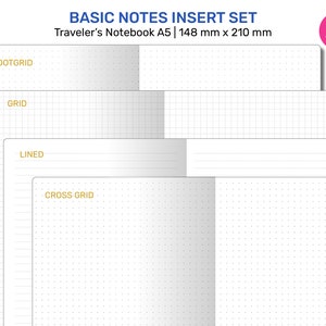 Peut inclure: Un ensemble de cinq inserts de carnet A5 avec différents styles de quadrillage : quadrillage de points, quadrillage, ligné, quadrillage croisé. Les inserts sont conçus pour être utilisés dans un carnet Traveler's Notebook.
