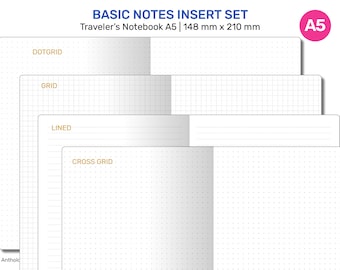 May include: A set of five A5 notebook inserts with different grid styles: dot grid, grid, lined, cross grid. The inserts are designed for use in a Traveler's Notebook.