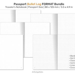 Könnte beinhalten: Ein Set mit sechs Bullet Journal-Notizbüchern im Passformat mit verschiedenen Seitenlayouts: leer, Punktraster, klassisches Raster, isometrisch, liniert und Kreuzraster. Die Notizbücher sind 88 mm x 125 mm groß und ideal für Reisende.