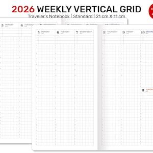 2026 Weekly VERTICAL GRID TN Minimalist Functional Printable Traveler's Notebook Insert DSTN004B-2026