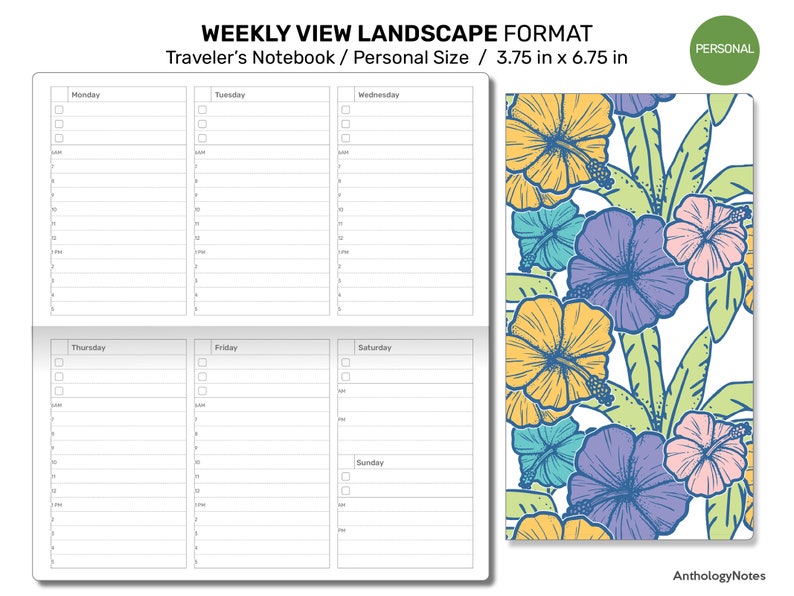 May include: A weekly planner in landscape format with a floral design. The planner is 3.75 inches by 6.75 inches and is labeled "Traveler's Notebook / Personal Size".