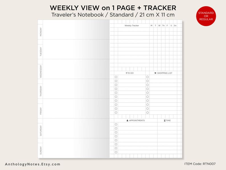 Weekly View Standard Size Traveler's Notebook Printable - Etsy