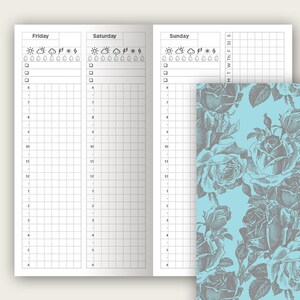 May include: A printable planner page with a grid layout for scheduling appointments and tasks. The page is divided into three sections: Friday, Saturday, and Sunday. Each section has a space for weather icons and checkboxes. The page also includes a small grid for notes.