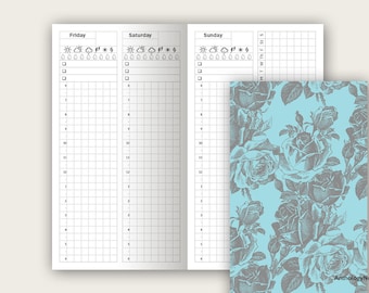 May include: A printable planner page with a grid layout for scheduling appointments and tasks. The page is divided into three sections: Friday, Saturday, and Sunday. Each section has a space for weather icons and checkboxes. The page also includes a small grid for notes.