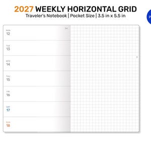 Könnte beinhalten: Ein wöchentlicher horizontaler 2027 Planer für Notizbücher im Taschenformat, 8,89 cm mal 13,97 cm groß. Das Layout zeigt auf der linken Seite tägliche horizontale Zeilen von Montag bis Sonntag und auf der rechten Seite ein Rastermuster.