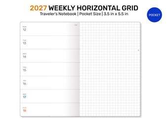 2027 TN POCKET WEEKLY Horizontal Grid Insert Traveler's Notebook Insert Wo1P Minimalist
