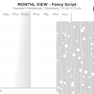 May include: A monthly view planner page with a white background and a grid layout. The days of the week are labeled at the top: Sunday, Monday, Tuesday, Wednesday, Thursday, Friday, Saturday, and "Matt of". The planner is designed for a Traveler's Notebook, which is a standard size of 21 cm by 11 cm.