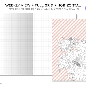 May include: A weekly planner notebook with a grid layout and a horizontal striped cover with a floral design. The cover is pink and white with a black outline of a hibiscus flower.
