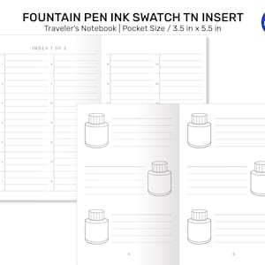 Könnte beinhalten: Ein druckbarer Füllfederhalter-Tinten-Farbmuster-Einsatz für ein Traveler's Notebook. Der Einsatz ist für ein Taschenformat-Notizbuch konzipiert, das 8,9 cm x 14 cm misst. Der Einsatz hat ein Raster mit 8 Tintenflaschen, jede mit Platz für den Tintennamen und die Farbe.