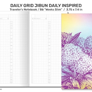 May include: A daily grid notebook with a floral design on the cover. The notebook is 3.75 inches by 7.4 inches and is labeled "B6 Weeks Slim".