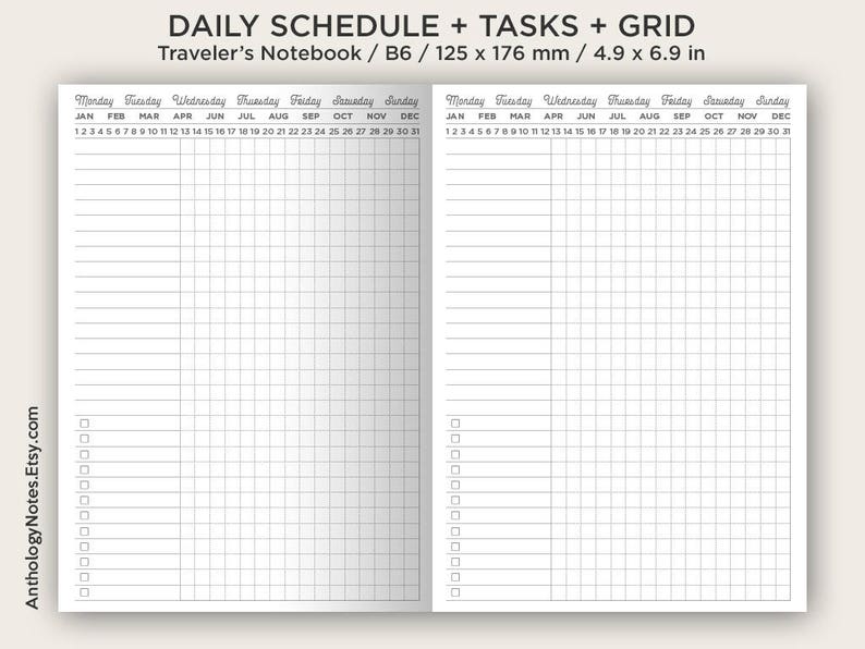 B6 Daily View Printable Insert Traveler's Notebook Do1P Schedule, Tasks, Grid, Undated Minimalist Functional image 3