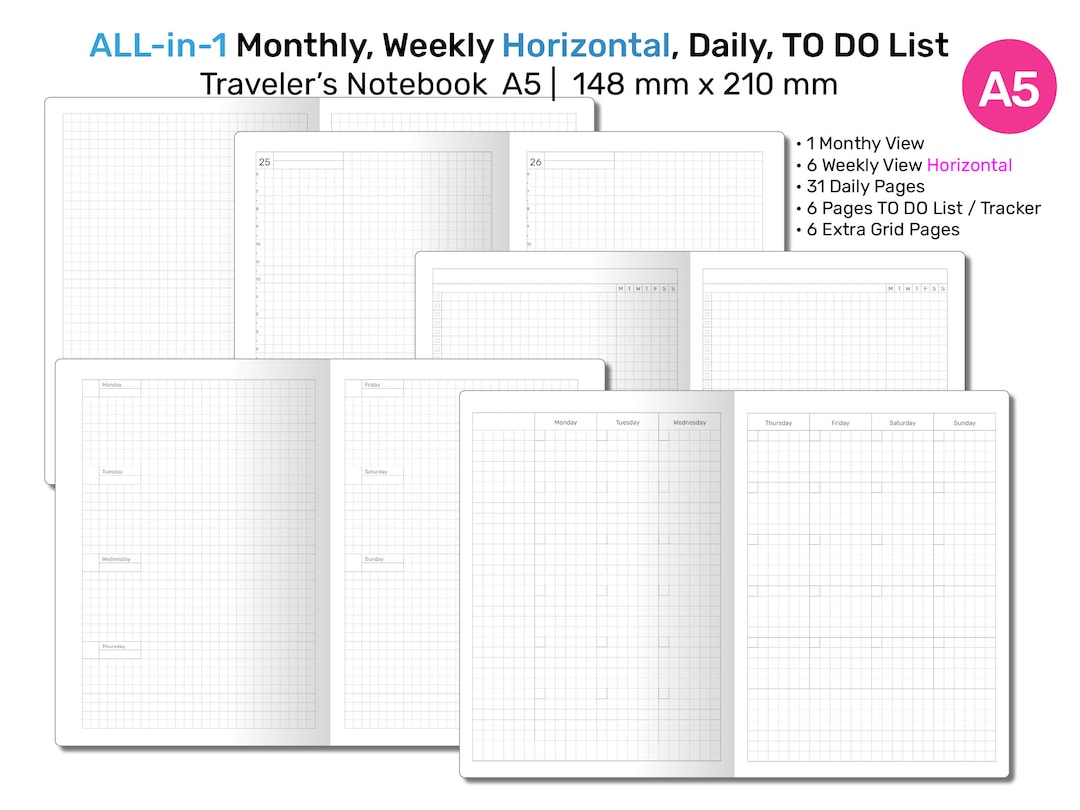 A5 TN All-in-one Monthly, Weekly HORIZONTAL, Tracker & to Do List, Grid ...