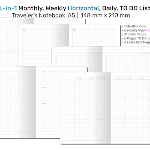 A5 TN All-in-One Monthly, Weekly HORIZONTAL, Tracker & To do List, Grid Notes Printable Traveler's Notebook Insert