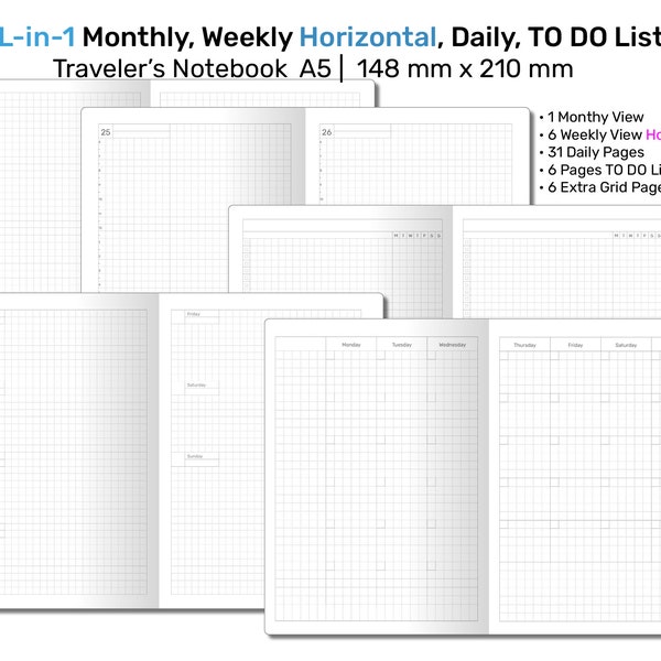 A5 TN Todo en Uno Mensual, Semanal HORIZONTAL, Rastreador y Lista de Tareas, Cuaderno de Viajero Imprimible con Notas de Cuadrícula