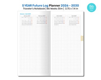 B6 Fauxbonichi "Weeks" Slim  5 Year FUTURE LOG Planner 2026 - 2030 Traveler's Notebook