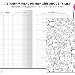 Peut inclure: Un planificateur de repas hebdomadaire A5 imprimable en noir et blanc avec une liste d'épicerie. Le planificateur comporte une grille pour écrire les repas pour chaque jour de la semaine. La liste d'épicerie est divisée en catégories telles que la viande, le poisson, les produits frais, les produits surgelés, la charcuterie, le pain et la pâtisserie, et les produits laitiers et les œufs. L'arrière-plan de la liste d'épicerie est un motif d'ustensiles de cuisine, d'aliments et d'autres articles.