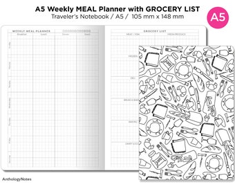 TN A5 Weekly MEAL Planner Printable Traveler's Notebook Insert / MENU Planner with Grocery List