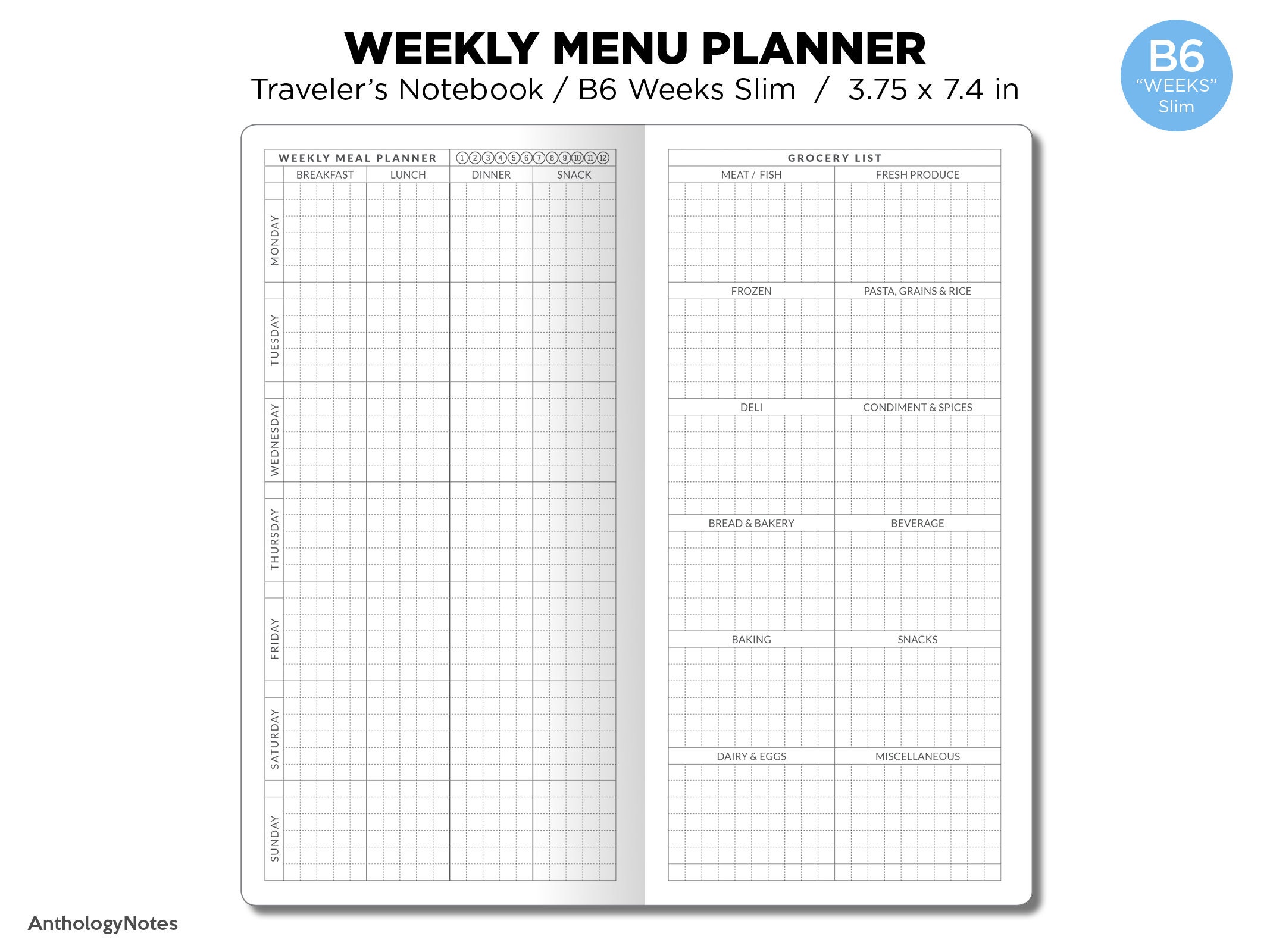TN B6 "weeks" Slim Weekly MEAL Planner With Grocery List Section ...