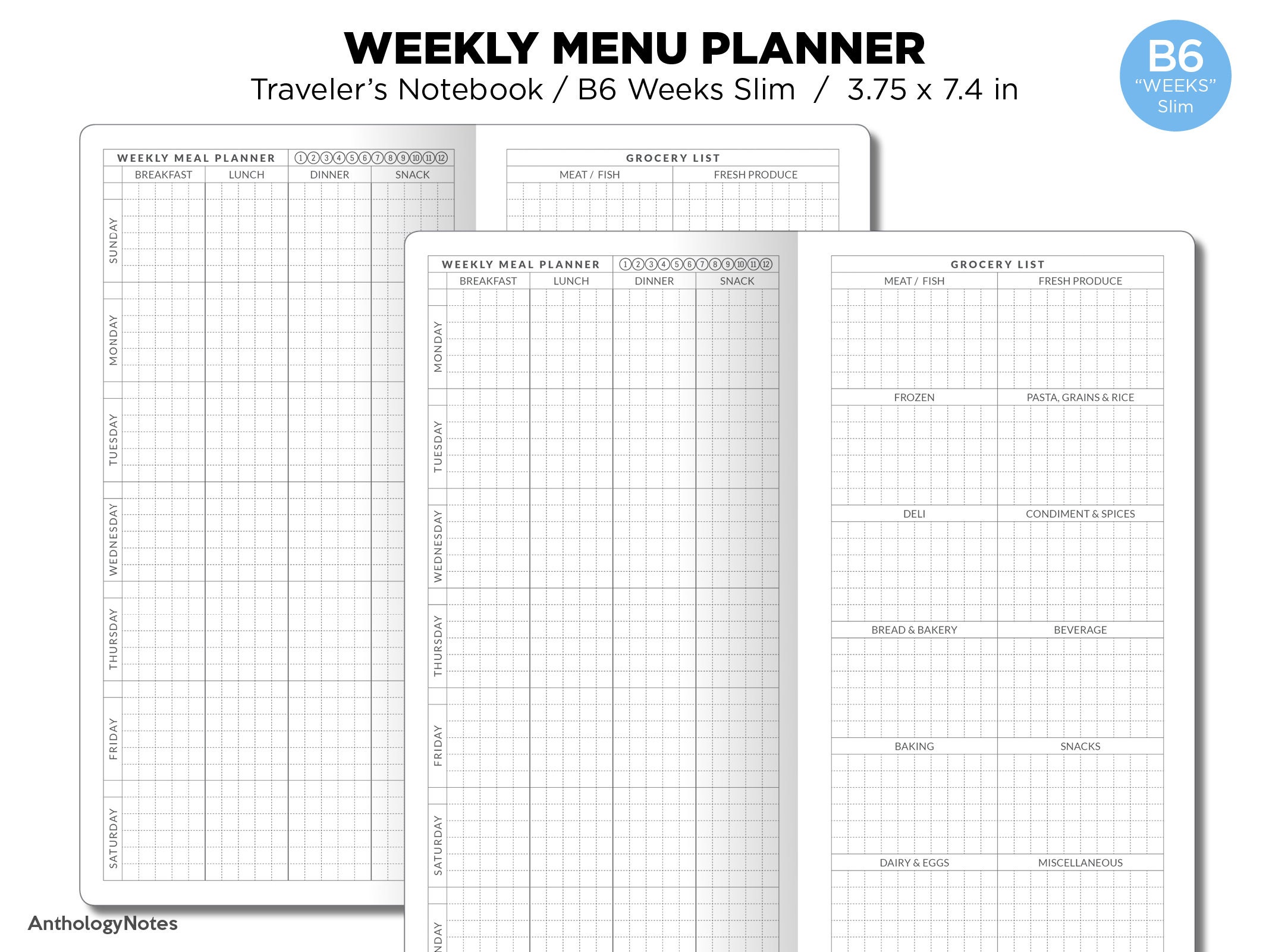 TN B6 "weeks" Slim Weekly MEAL Planner With Grocery List Section ...